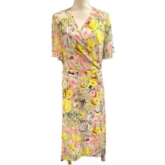 INC Wrap Dress Womens 20W Yellow Floral Midi Semi Sheer Lined Flowy Romantic - Picture 1 of 9